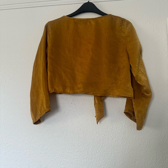 PLT Satin Silky Tie Front Top Mustard Quarter Sleeve - Picture 2 of 2